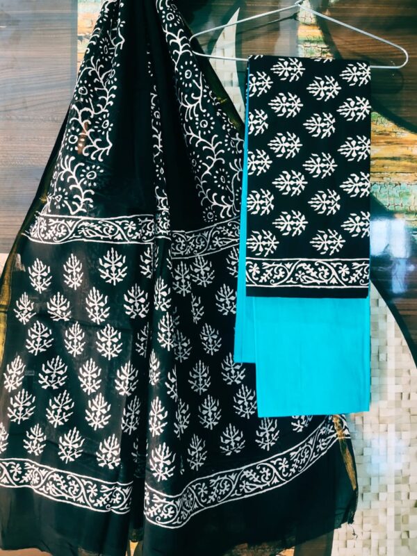 Cotton Zari Border Handblock Salwar Suit Set With Cotton/Mulmul Dupatta - THBPZBS22