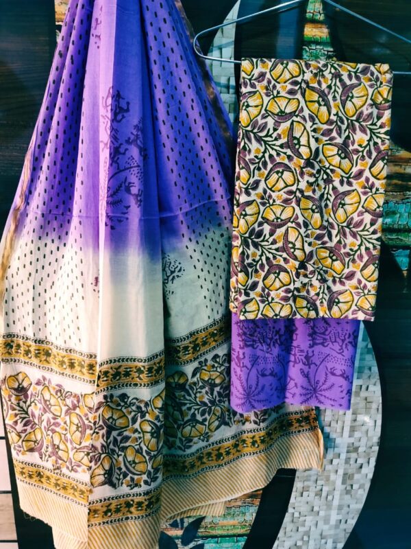 Cotton Zari Border Handblock Salwar Suit Set With Cotton/Mulmul Dupatta - THBPZBS21