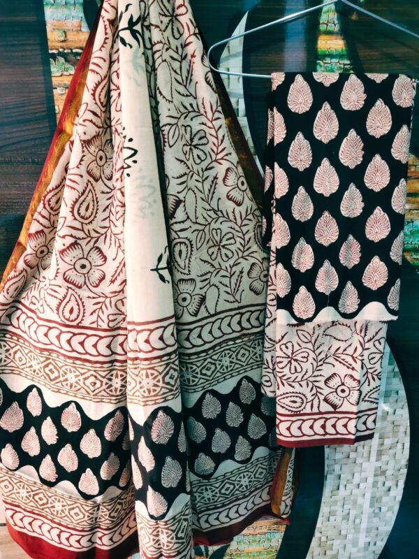 Cotton Zari Border Handblock Salwar Suit Set With Cotton/Mulmul Dupatta - THBPZBS17