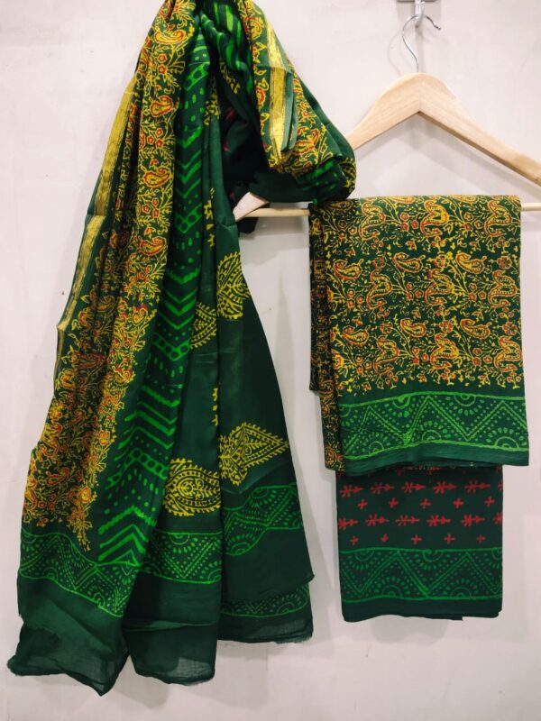 Cotton Zari Border Handblock Salwar Suit Set With Cotton/Mulmul Dupatta - THBPZBS14