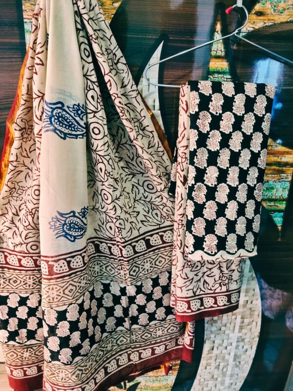 Cotton Zari Border Handblock Salwar Suit Set With Cotton/Mulmul Dupatta - THBPZBS11