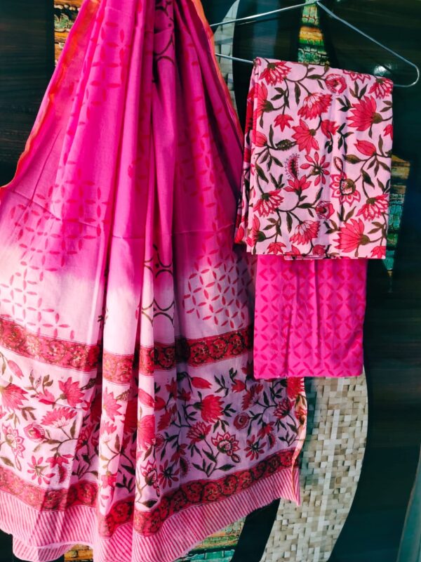 Cotton Zari Border Handblock Salwar Suit Set With Cotton/Mulmul Dupatta - THBPZBS10