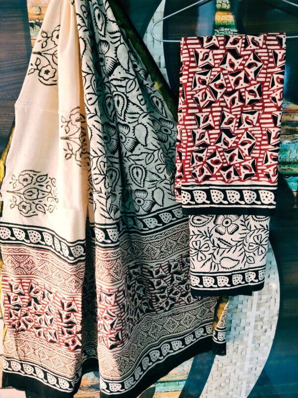 Cotton Zari Border Handblock Salwar Suit Set With Cotton/Mulmul Dupatta - THBPZBS09