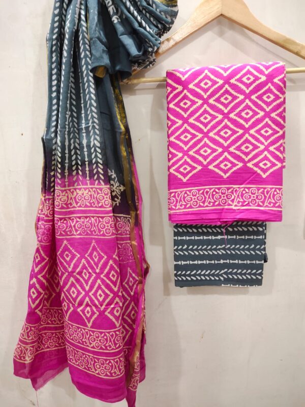 Cotton Zari Border Handblock Salwar Suit Set With Cotton/Mulmul Dupatta - THBPZBS08