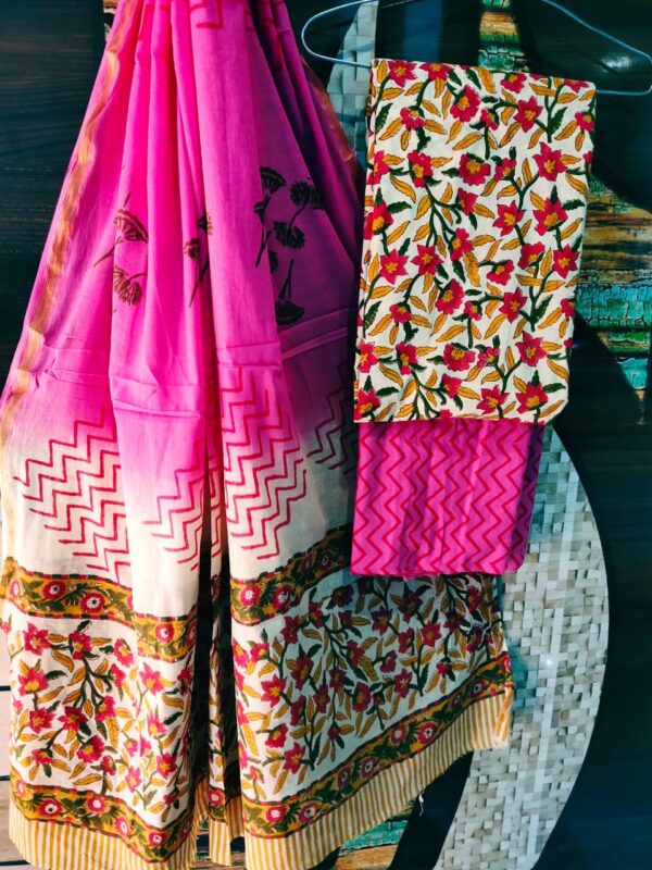 Cotton Zari Border Handblock Salwar Suit Set With Cotton/Mulmul Dupatta - THBPZBS07