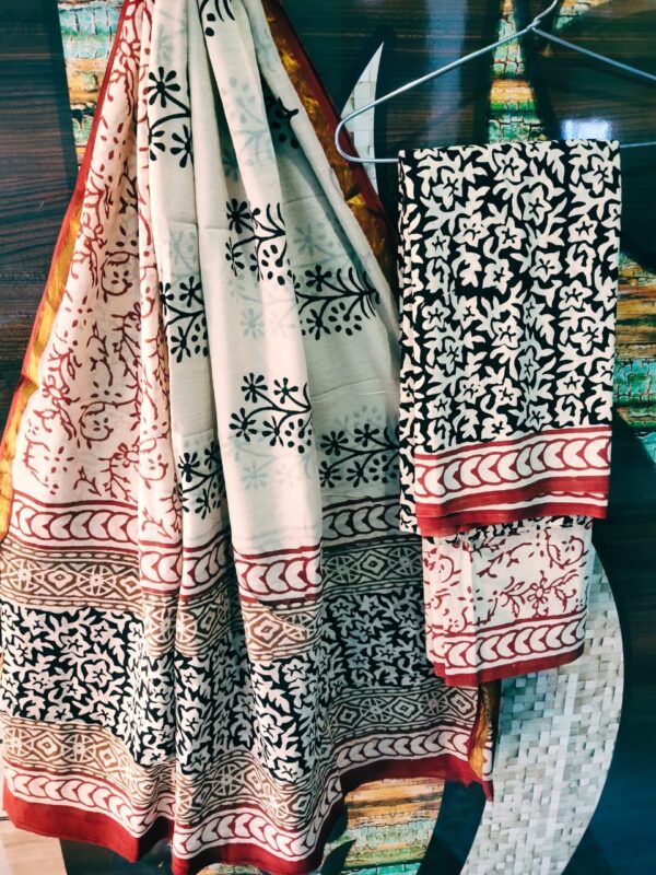 Cotton Zari Border Handblock Salwar Suit Set With Cotton/Mulmul Dupatta - THBPZBS06