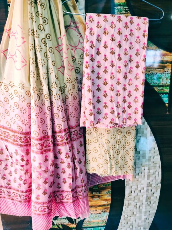 Cotton Zari Border Handblock Salwar Suit Set With Cotton/Mulmul Dupatta - THBPZBS05