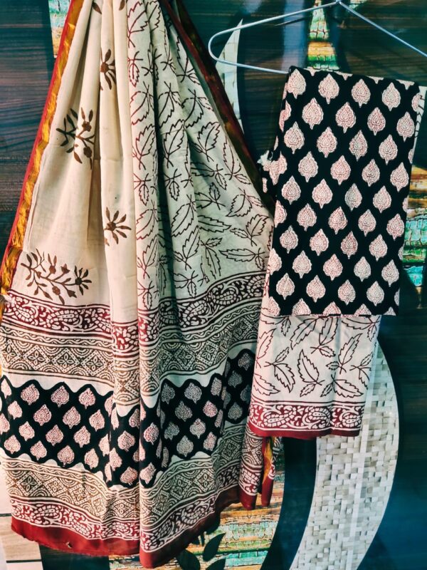 Cotton Zari Border Handblock Salwar Suit Set With Cotton/Mulmul Dupatta - THBPZBS04