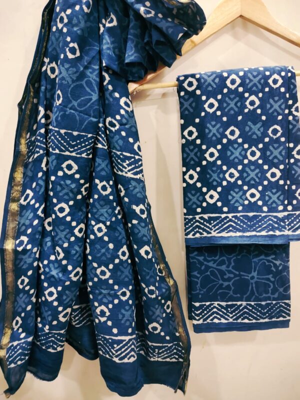 Handblock Salwar Suit Set With Zari Border Cotton/Mulmul Dupatta - THBPZBS03