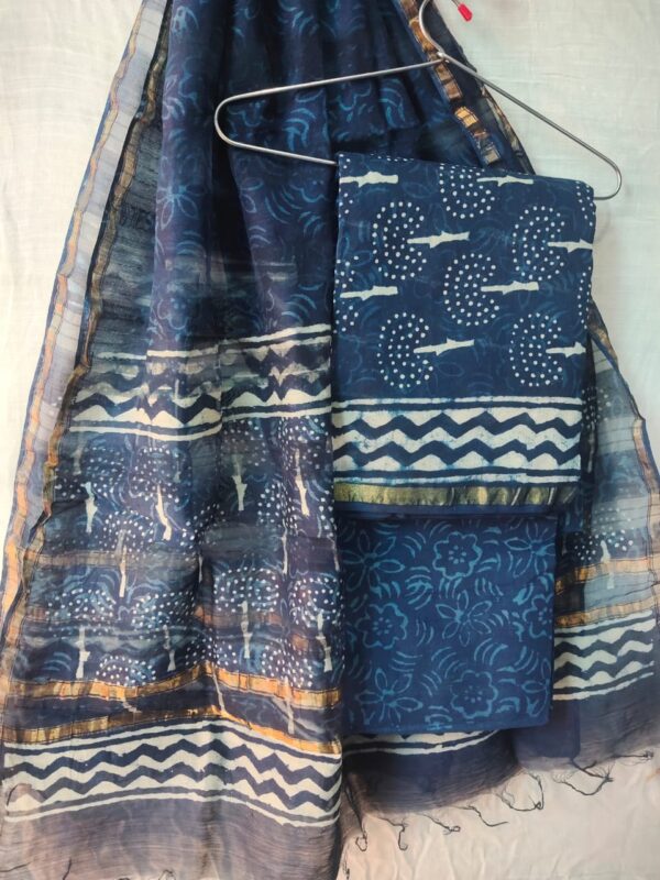 Indigo Chanderi Silk Top & Dupatta With Cotton Bottom - HandBlock Printed Salwar Suit Set -