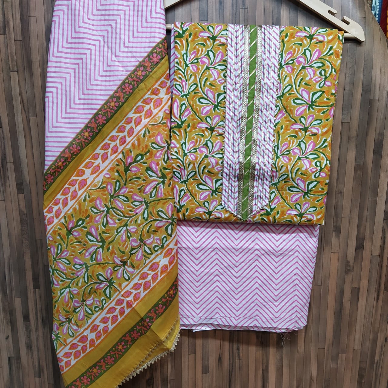 Cotton Hand Block Printed Gota Patti Suits with cotton Dupatta